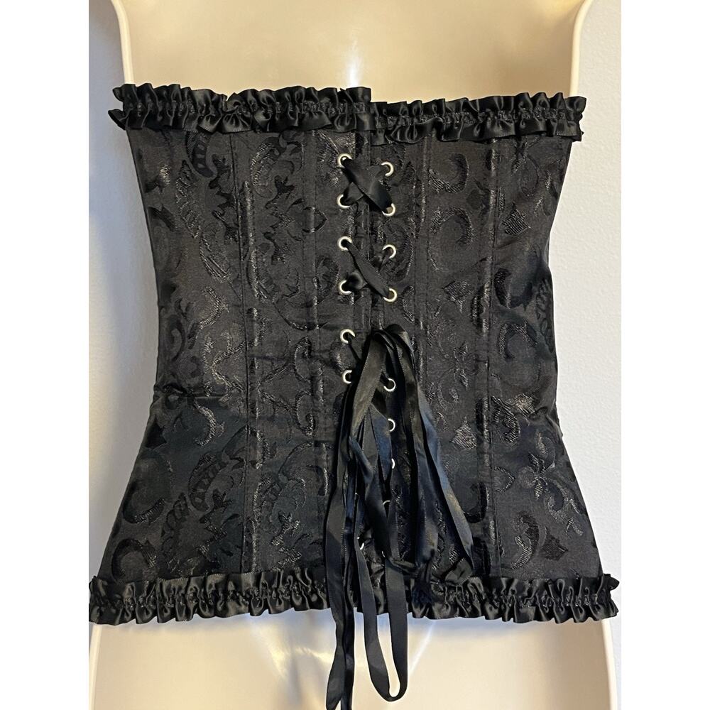 Women's Black Satin Brocade Corset Busk Front Lace up Back S Goth Witchy Pirate - Picture 2 of 8
